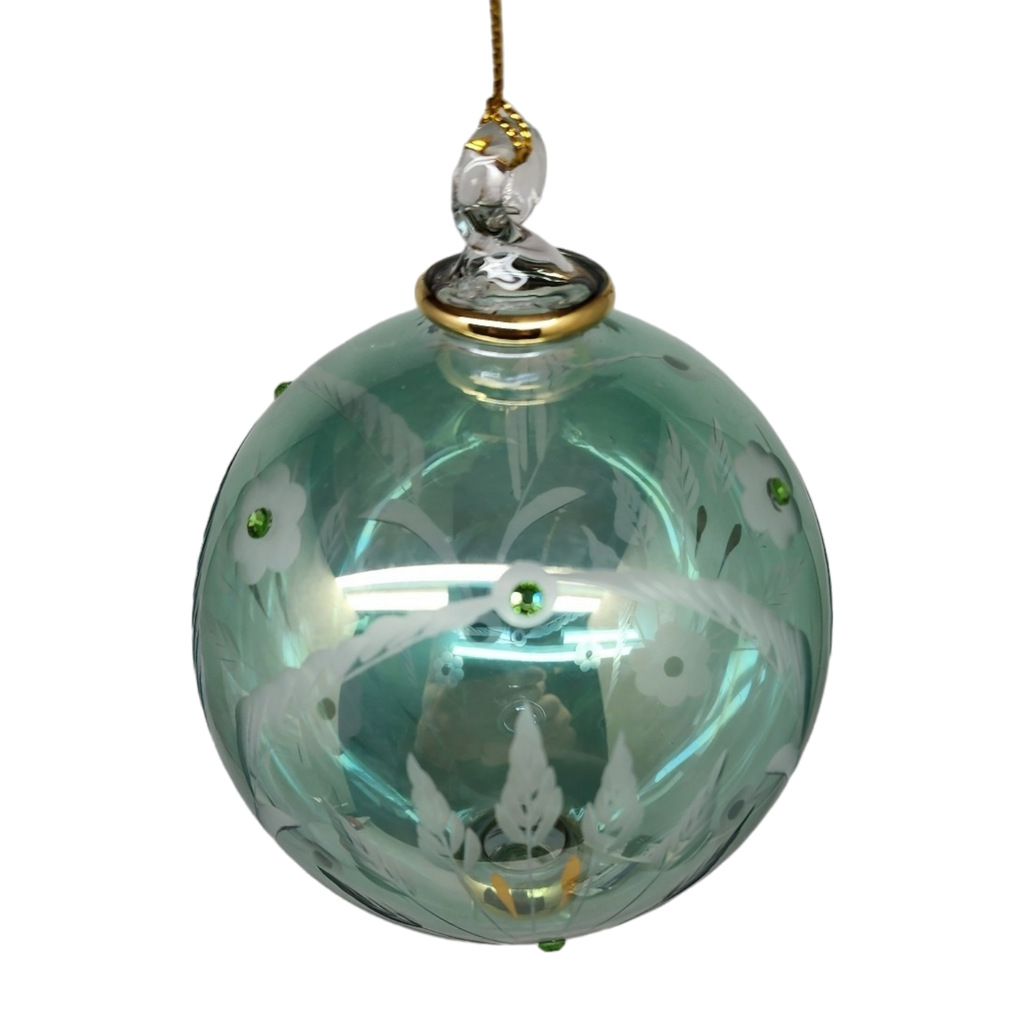 Etched Blown Glass Ball with Crystal Accents - Green
