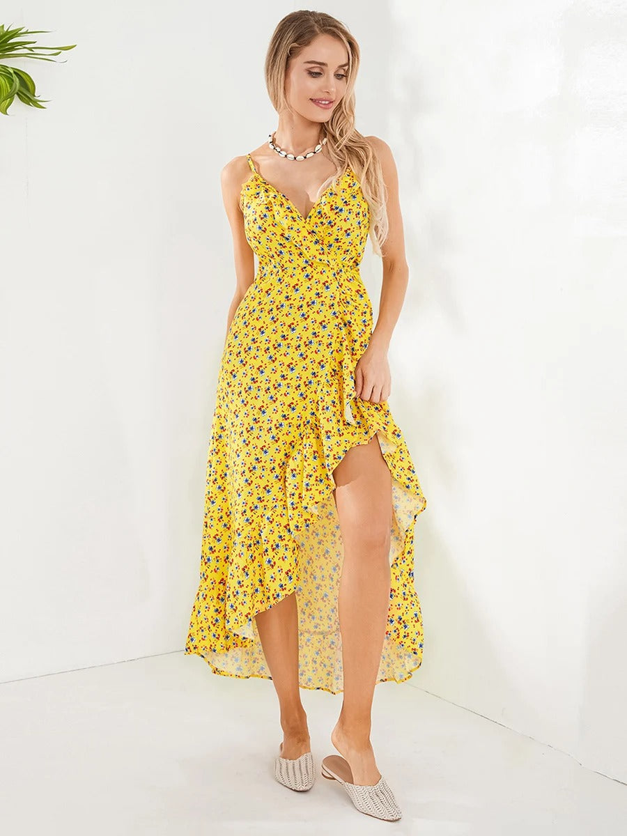 Sexy Floral Print Suspender Skirt Dress - Women's V-Neck Ruffled Reformation