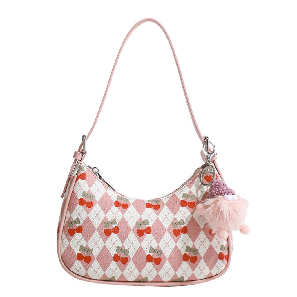 Small versatile shoulder bag, cute cherry pattern shoulder bag, top handle bag, crescent bag  hobo