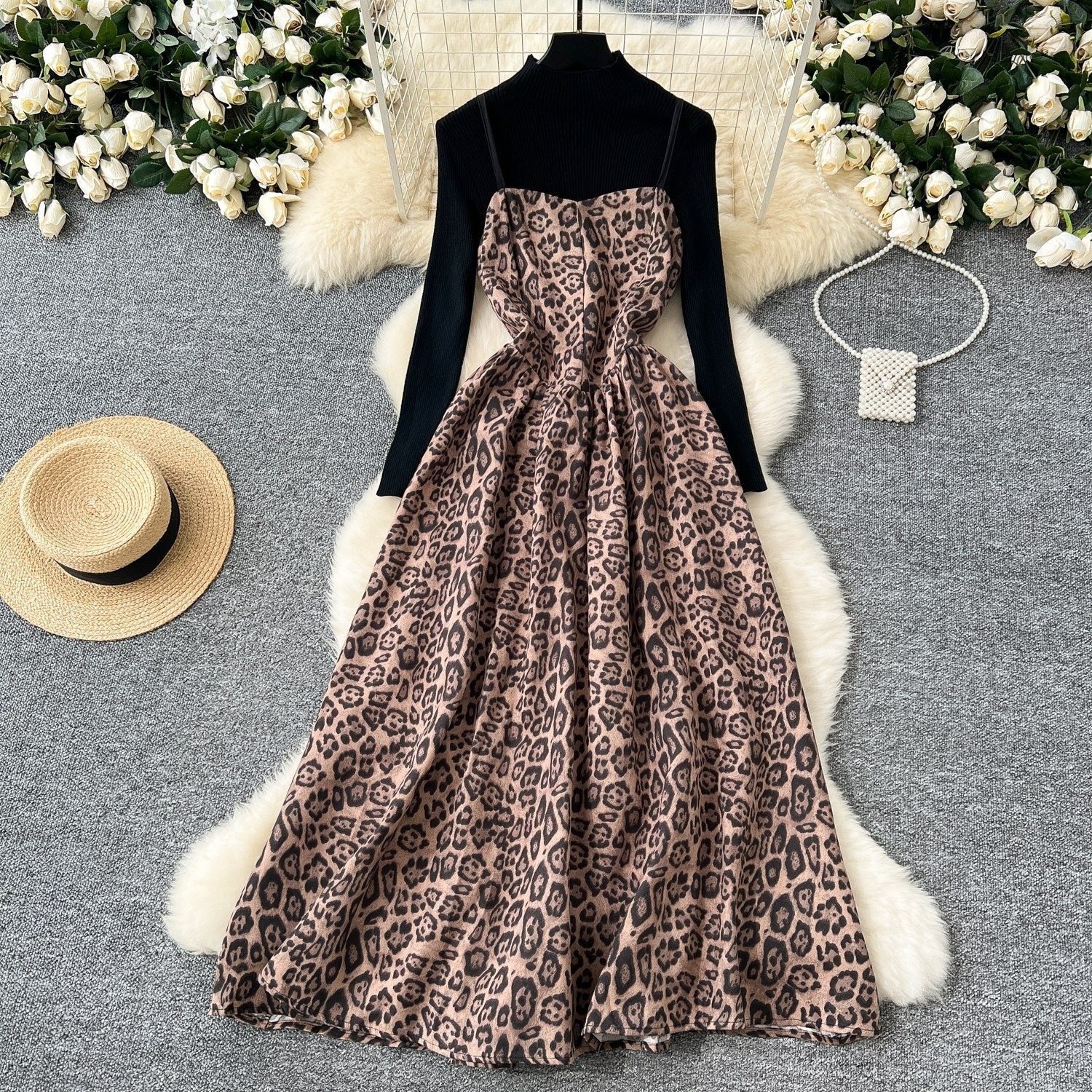 Vintage Court Jacquard Sling Dress - Embroidered Slip Midi, Women's Layering Knitting Top