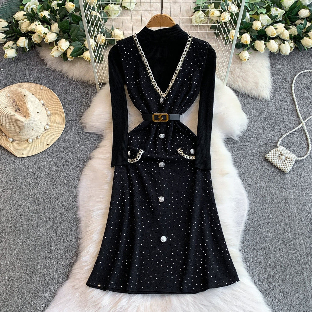 Vintage V-Needle Knit Tank Dress – Embellished Diamante Slim Fit Maxi, Layering Sweater Vest