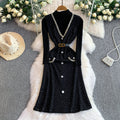 Vintage V-Needle Knit Tank Dress – Embellished Diamante Slim Fit Maxi, Layering Sweater Vest