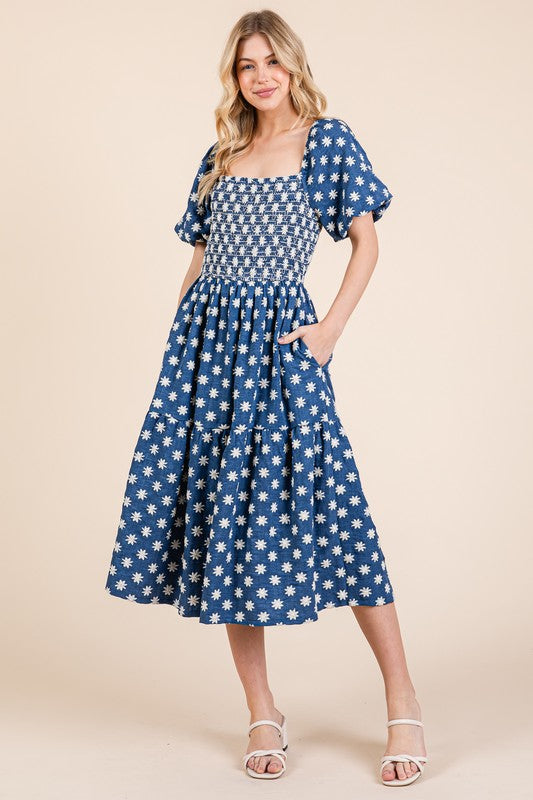 New Floral Embroidered Smocked Puff Sleeve Tiered Midi Dress For Women – Elegant, Romantic, Feminine, and Stylish Midi Dress with Floral Embroidery
