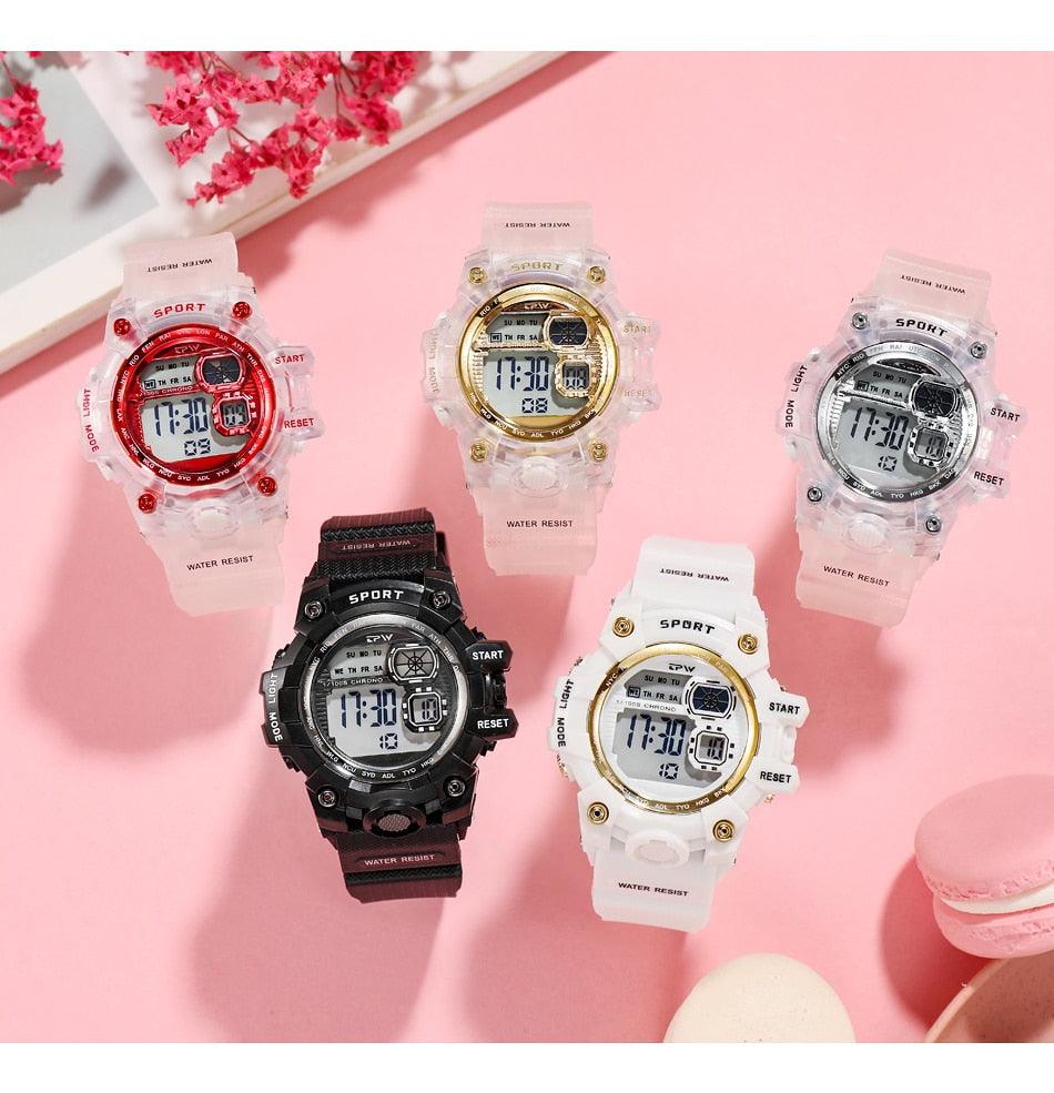 Digital Watches For Women School Girl Student  Transparent Color Water Resistent Silicone Strap Stopwatch Alarm Countdown Dual Time Ultra Super Wide-Angle Display Digital Wrist Watches For Men Women