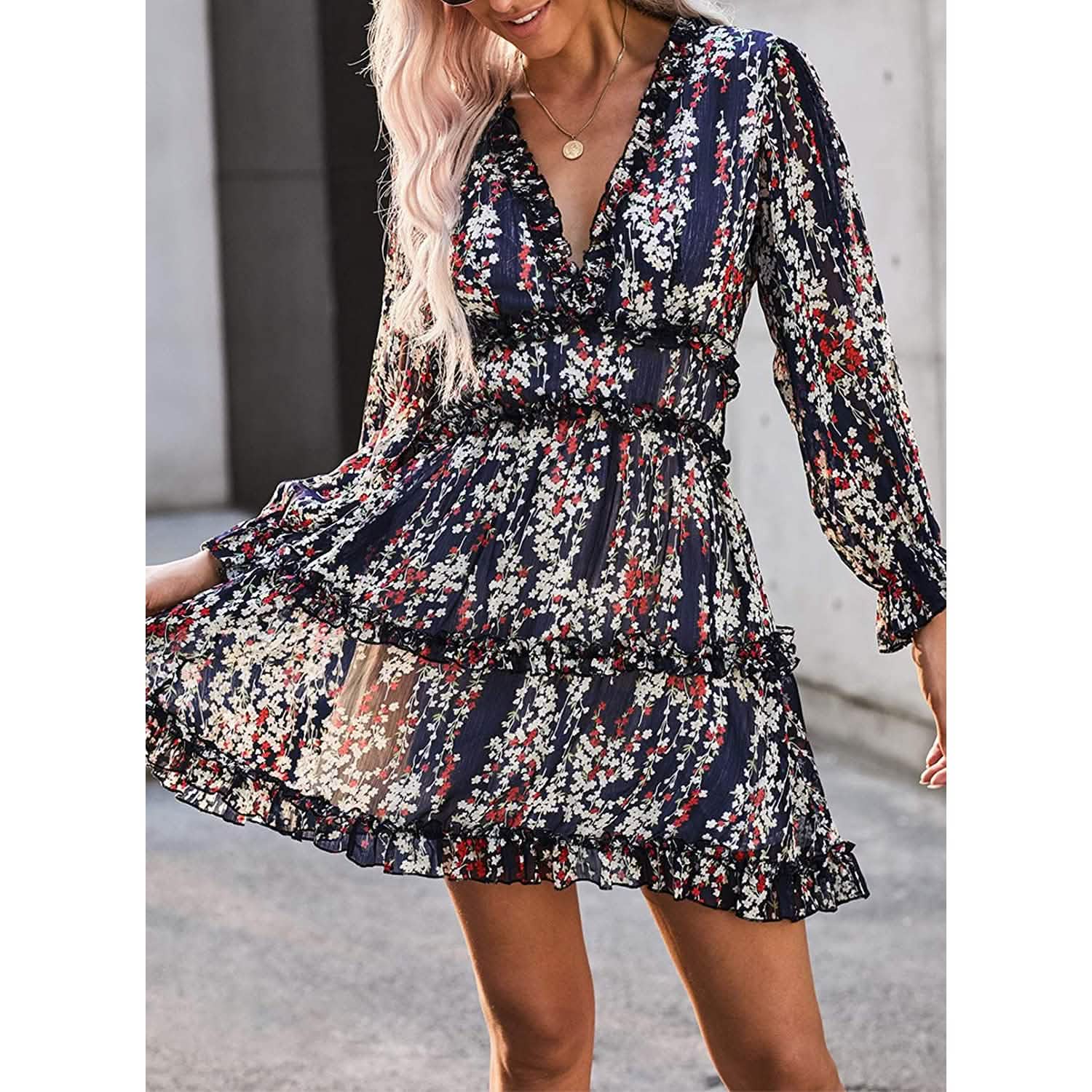 Dokotoo Womens Spring Summer Deep V Neck Ruffle Long Sleeve Floral Print Mini Dress