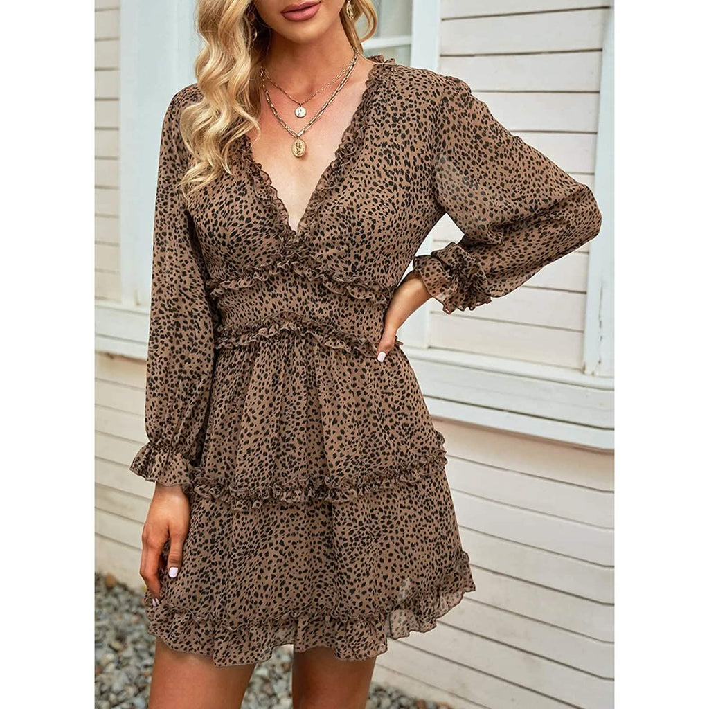Dokotoo Womens Spring Summer Deep V Neck Ruffle Long Sleeve Floral Print Mini Dress