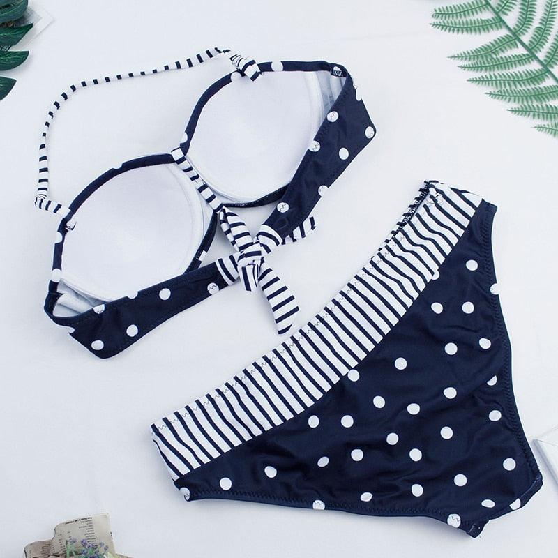 Dot  Bikini Push Up 2 piece Swimsuit Women Padded Push Up Bikini Set Halter Two Piece Cross Top Swimsuit Patchwork Bathing Suit Women Swimwear Bodysuit Beachwear Halter Print Bikinis Bathing Suit Women