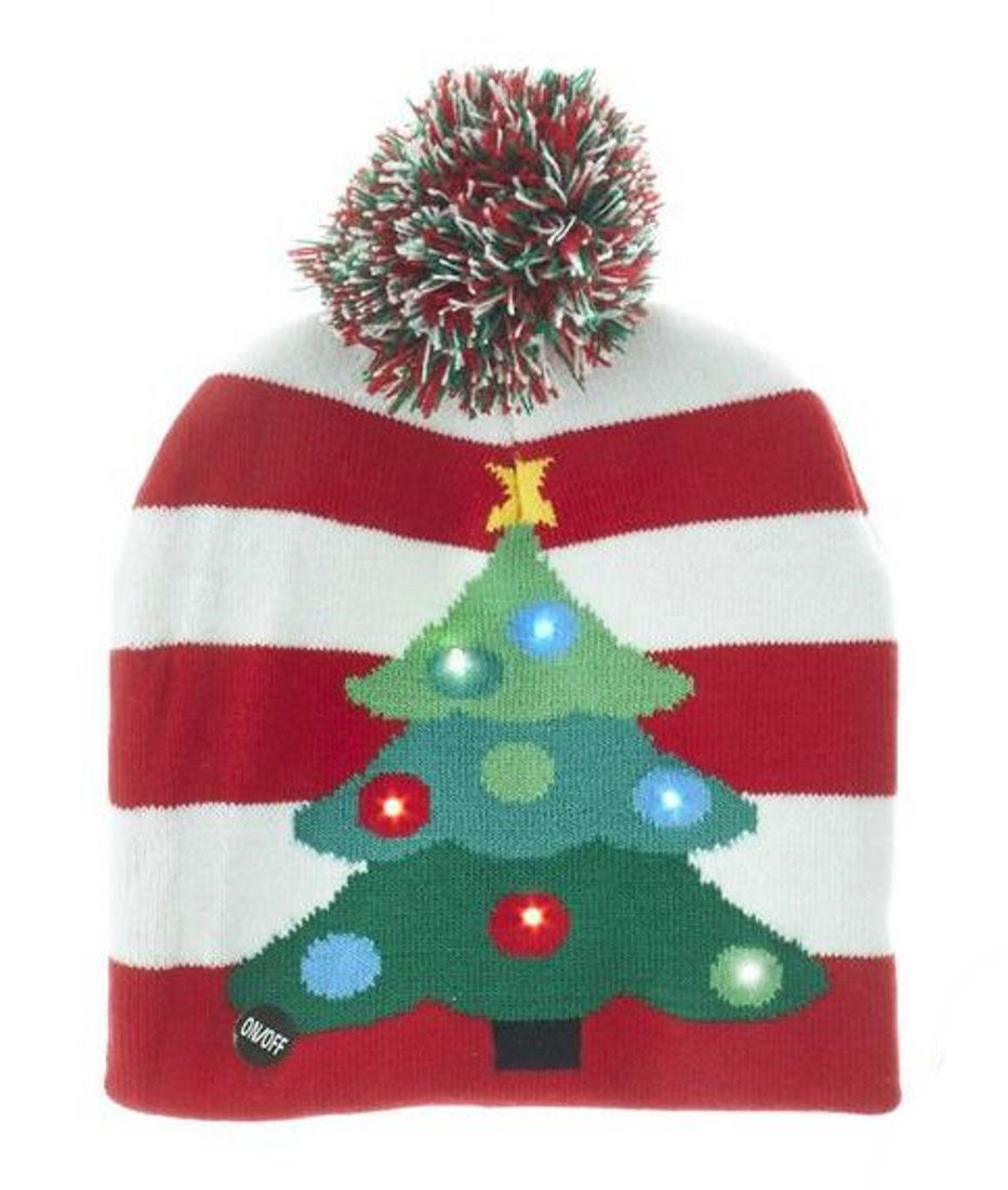 Battery-Operated LED Light-Up Knit Hat - Christmas Tree