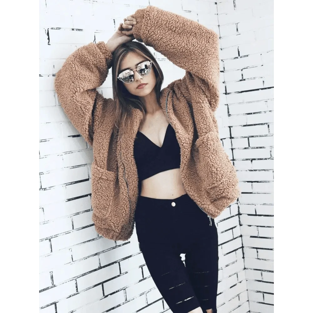 Durable Autumn Winter Faux Fur Coat For Women Casual Warm Soft Zipper Fur Jacket Plush Overcoat Pocket Plus Size Teddy Coat For Female