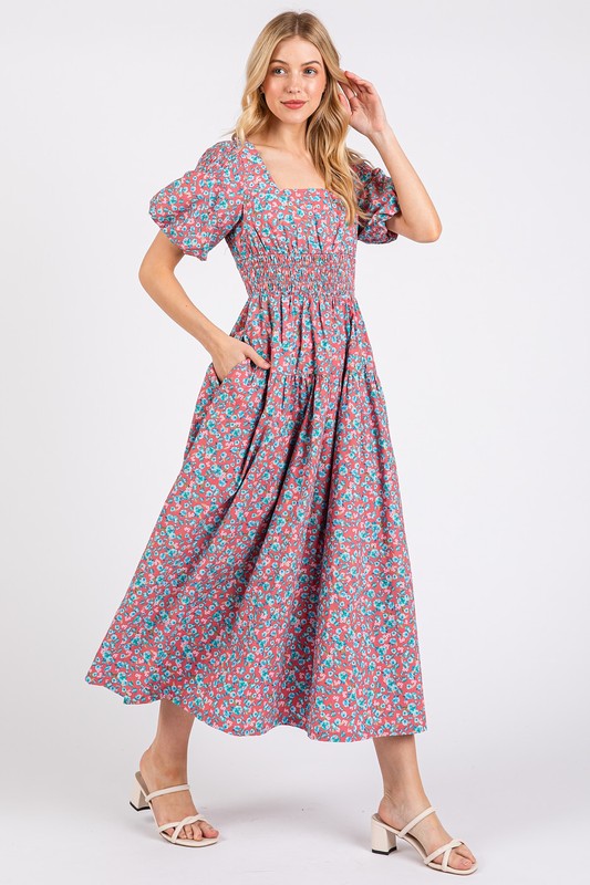New Summer Smocked Floral Square Neck Puff Sleeve Midi Dress – Vintage-Inspired, Feminine, Trendy, Romantic, and Flattering Fit