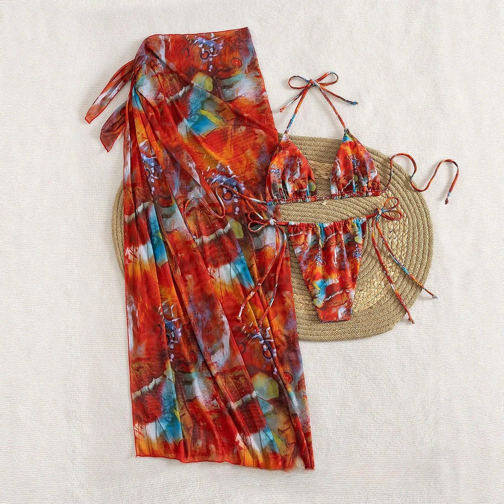 Sexy Lace-Up Separated Bikini Three-Piece Swimsuit with Long Apron for Swimwear