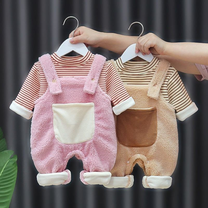 Fleece-lined Extra-thick Super-cute Warm One-piece Overalls Set
