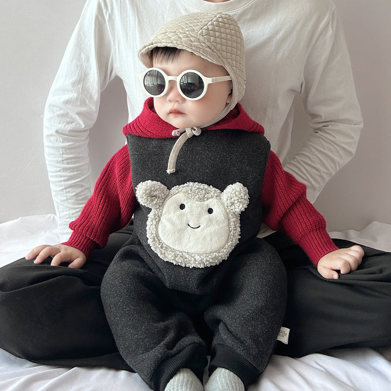 AutumnWinter Fleece-Lined Hooded Jumpsuit With Shoulder Straps
