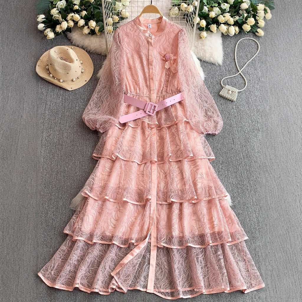 Lace Floral Mandarin Collar Long Sleeve Dress – Women's Early Fall Socialite Tie-Waist Slim-Fit Midi