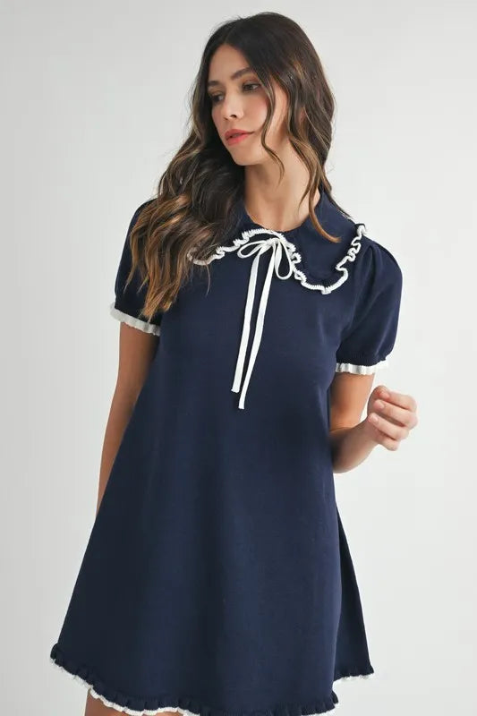 Ruffle Trimmed Collar Fine Knit Mini Dress For Women – Ruffle Mini Dress, Fine Knit Dress, Collar Dress, Feminine Mini Dress, Chic Knit Dress