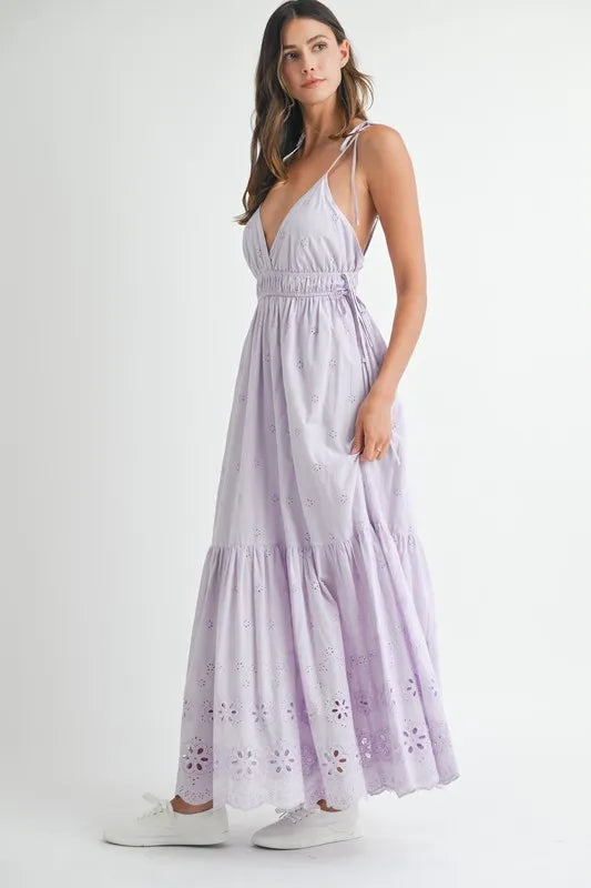 Eyelet Lace Maxi Dress With Side Strap Details – Elegant Fluttering Eyelet Lace Maxi Dress, Modern Side Strap Design, Formal Summer Maxi Dress, Sophisticated Event Dress