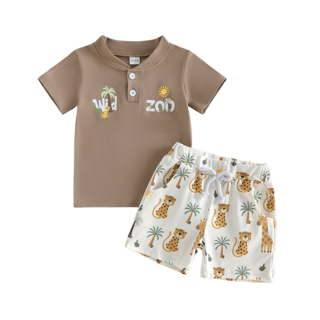 Printed Polo-collar Short-sleeve T-shirt And Shorts Two-piece Set