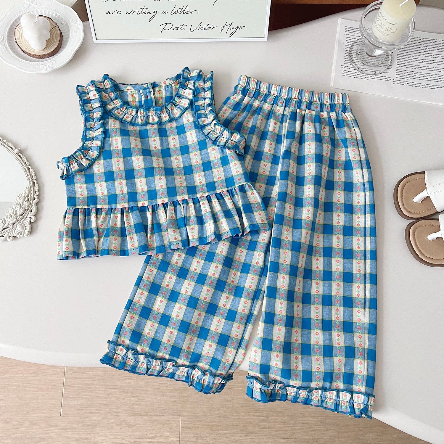 New Summer Korean-Style Polyester Plaid Three-Piece Set For Girls