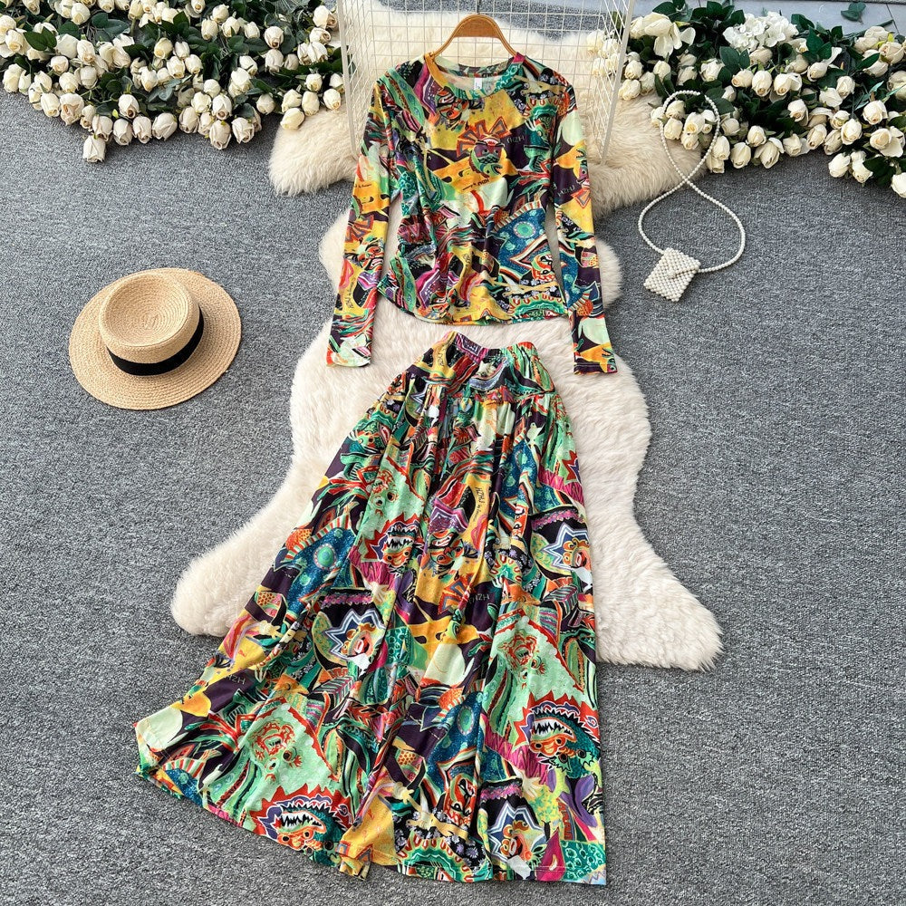 Women’s Printed Crewneck Long Sleeve Tee + High-Waist Flared Maxi Skirt Set – Casual Coord