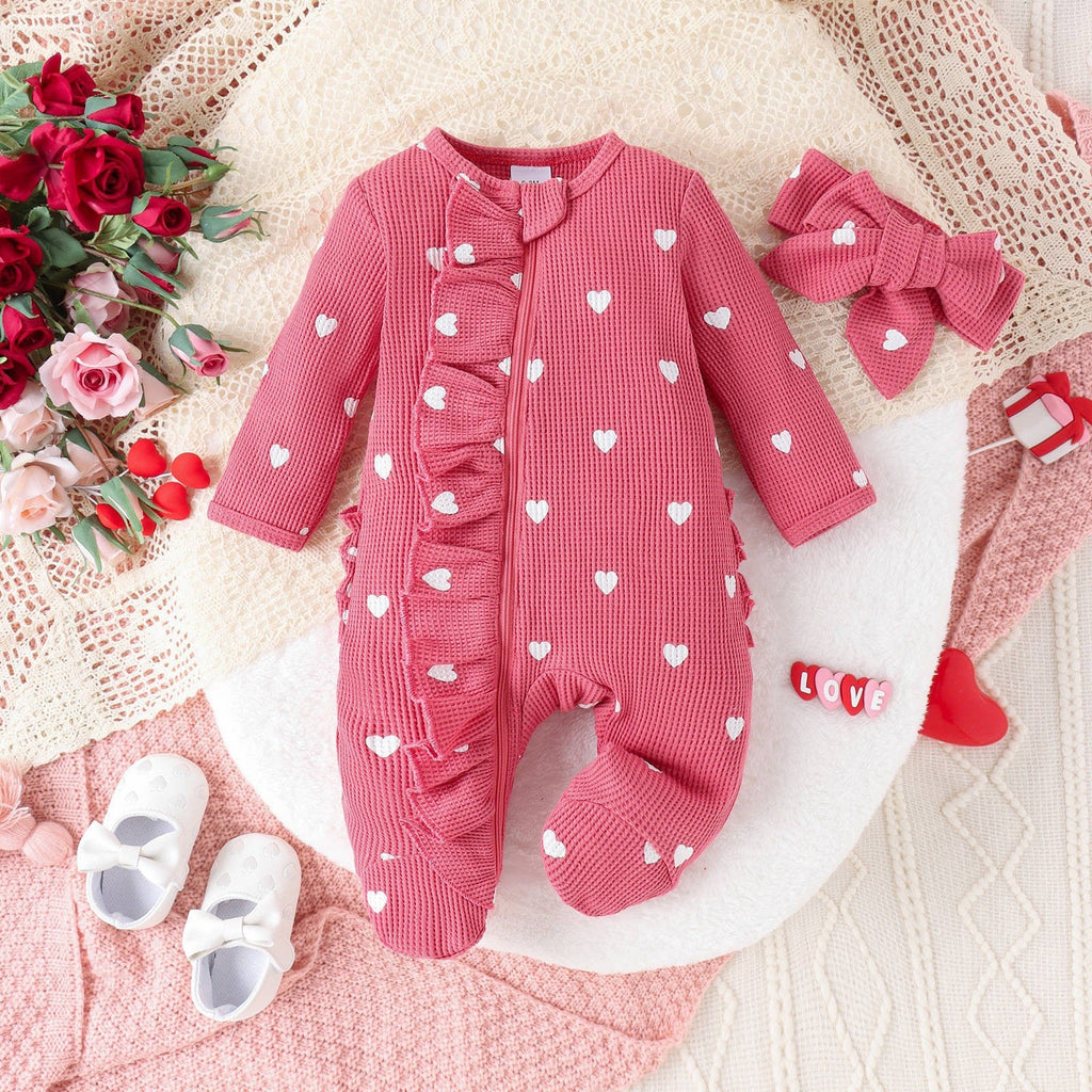 Heart-print Footed Zip-up Onesie Headband Set