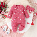 Heart-print Footed Zip-up Onesie Headband Set
