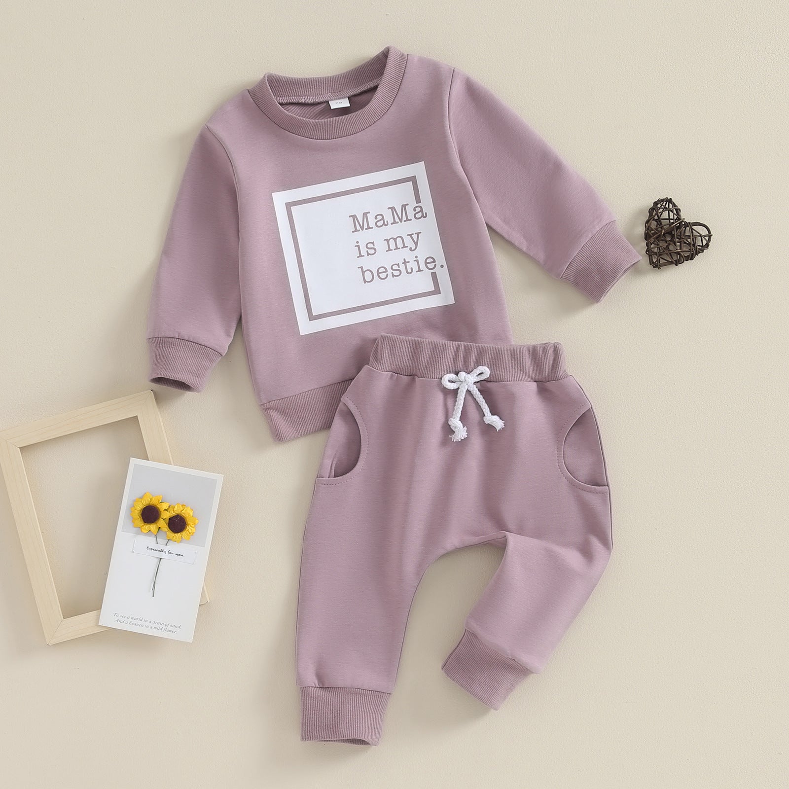 Letter-print Long-sleeve Top And Solid-color Pants Two-piece Set