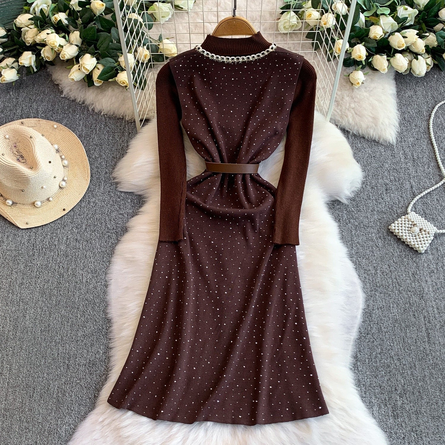 Vintage V-Needle Knit Tank Dress – Embellished Diamante Slim Fit Maxi, Layering Sweater Vest