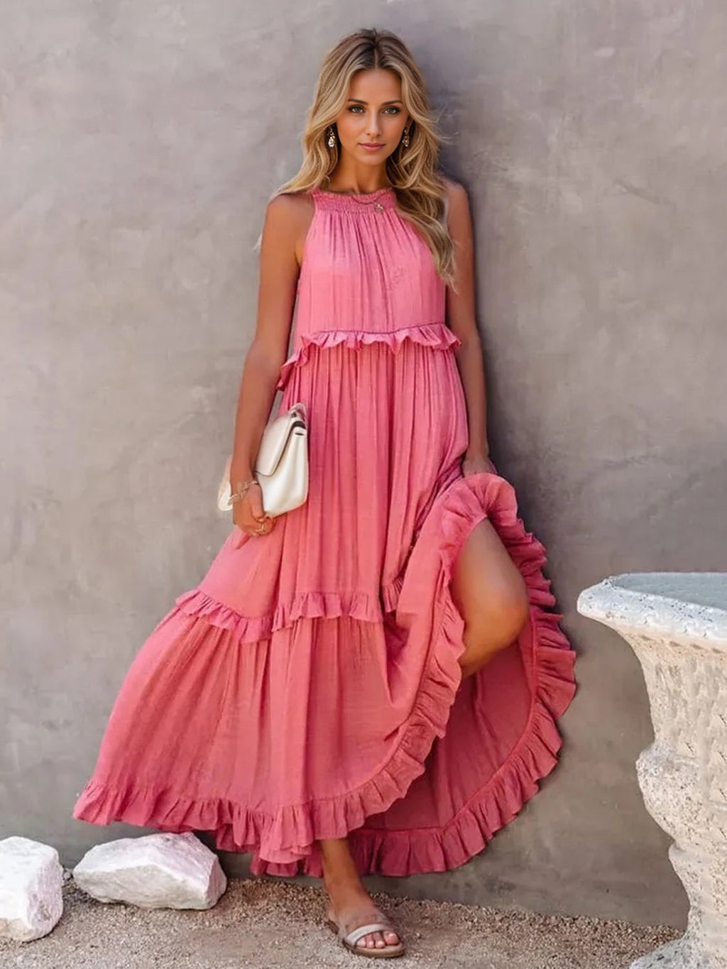 Romantic Ruffled Sleeveless Tiered Maxi Dress with Pockets Elegant & Chic Statement Beautiful Design Dress