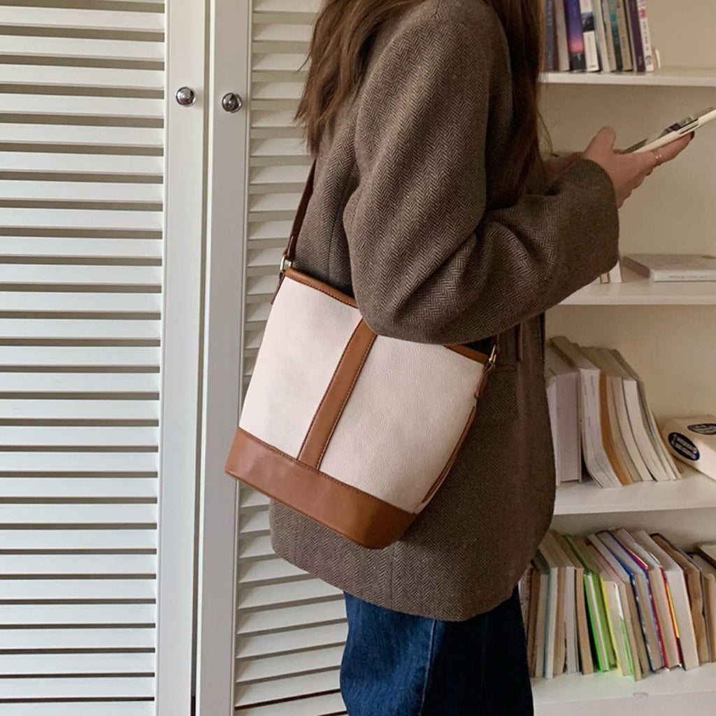 Retro Fashion Simple Texture Splicing Bucket Bag - Versatile Women's Shoulder & Crossbody Bag