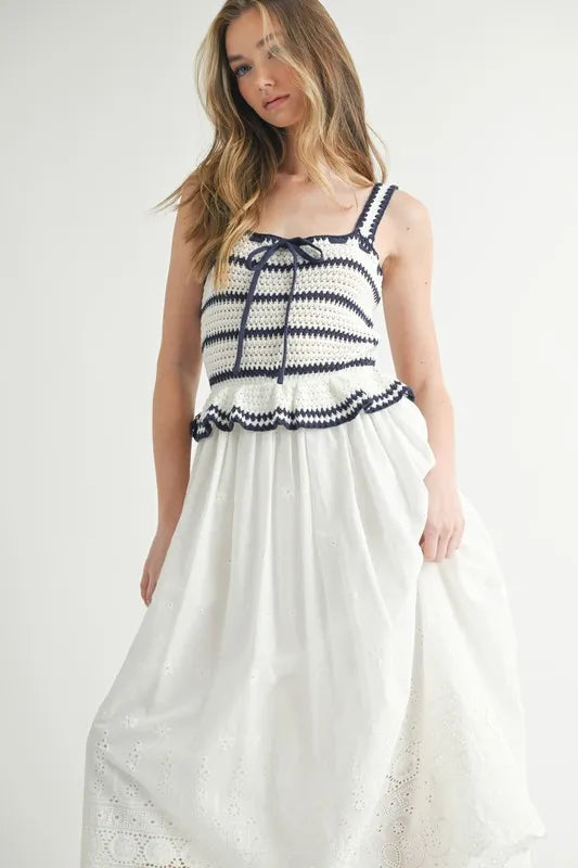 Crochet Stripe Knit Eyelet Mix Midi Dress – Crochet Midi Dress, Stripe Knit Dress, Eyelet Mix Dress, Trendy Midi Dress, Versatile Midi Dress