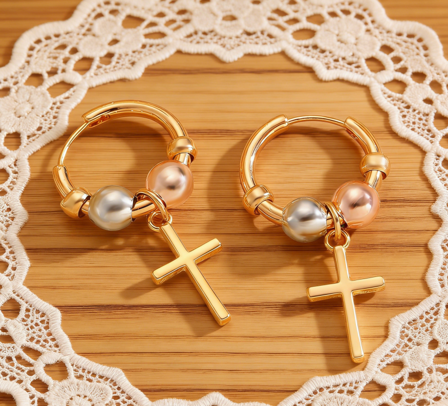 Cross Pendant & Beaded Hoop Earrings