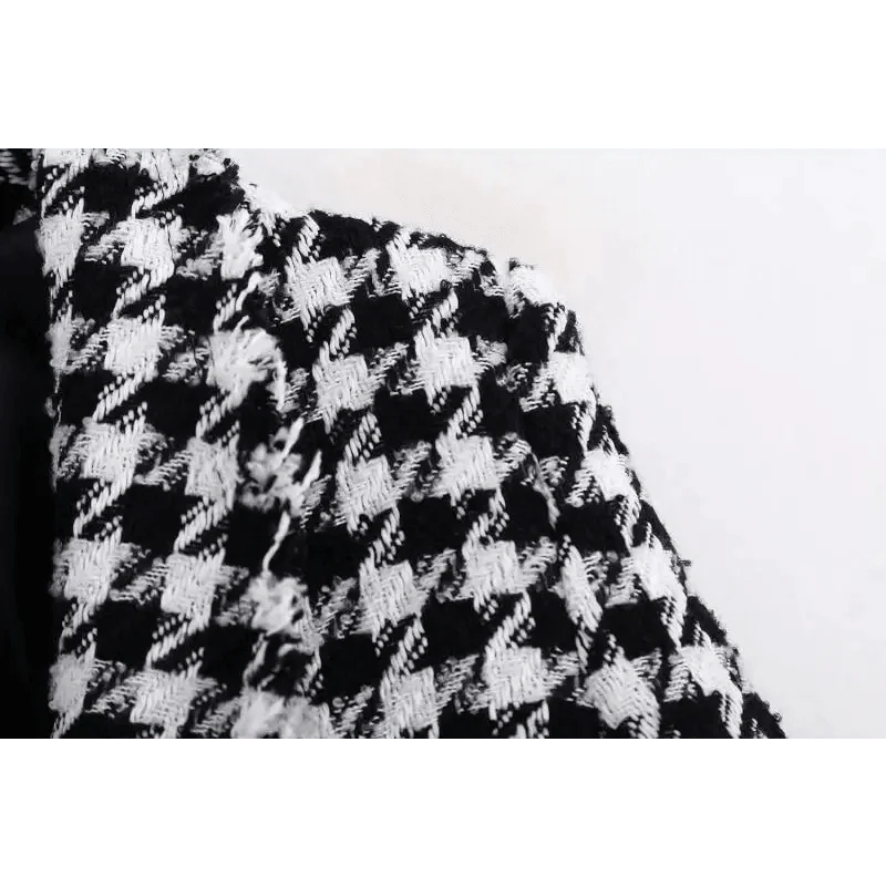 Elegance Women Tweed Jackets Fashionable Office Ladies Black Tassel Houndstooth Coats Female Autumn Vintage Thick Plaid Coat Girls Chic