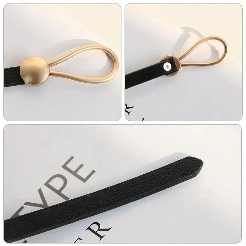 Elegant Leather Adjustable Thin Belt For Women Unique Black Design Ladies Belt High Quality Charming Waistbands For Dress