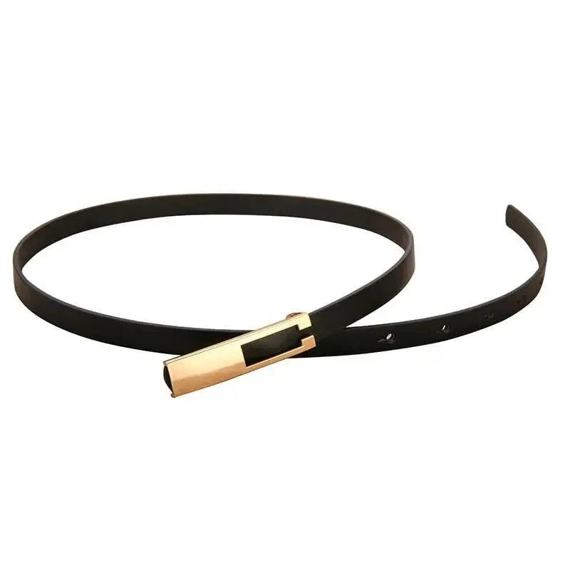 Elegant Leather Adjustable Thin Belt For Women Unique Black Design Ladies Belt High Quality Charming Waistbands For Dress