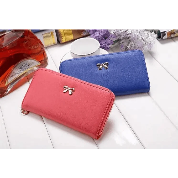 Elegant PU Leather Pink Bowknot Women Long Wallet Fashion Color Purse Phone Card Holder Women Trendy Large Capacity Long Purse