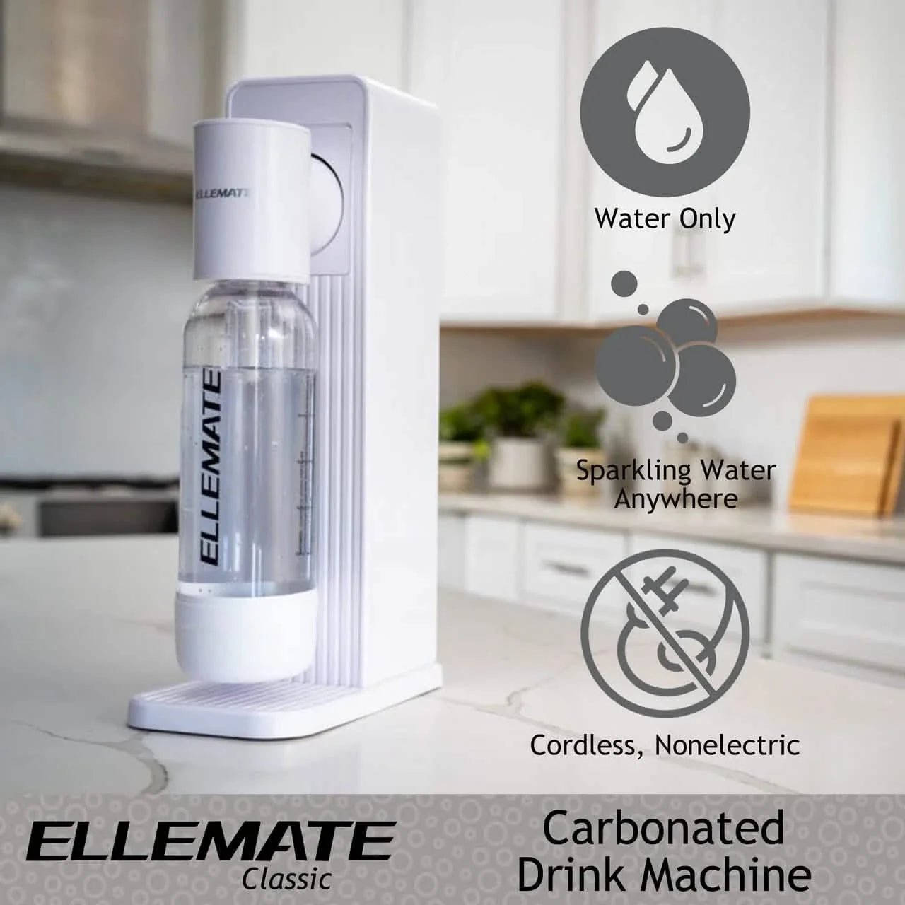 Ellemate Classic Carbonated Drink Maker, Seltzer Water with One-Push Fizz Technology, Cordless Carbonation for Bubbly Water