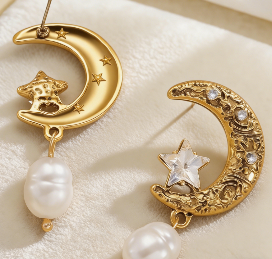 French Vintage Moon & Star Pearl Drop Earrings