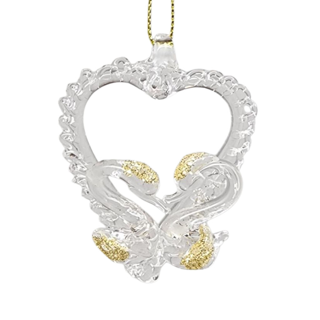 Spunglass Ornament - Gold Heart With Swans