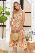 Smocked Back Floral Adjustable Strap Midi Dress  For Women – Feminine, Floral, Fluttering, Comfortable Midi Dress