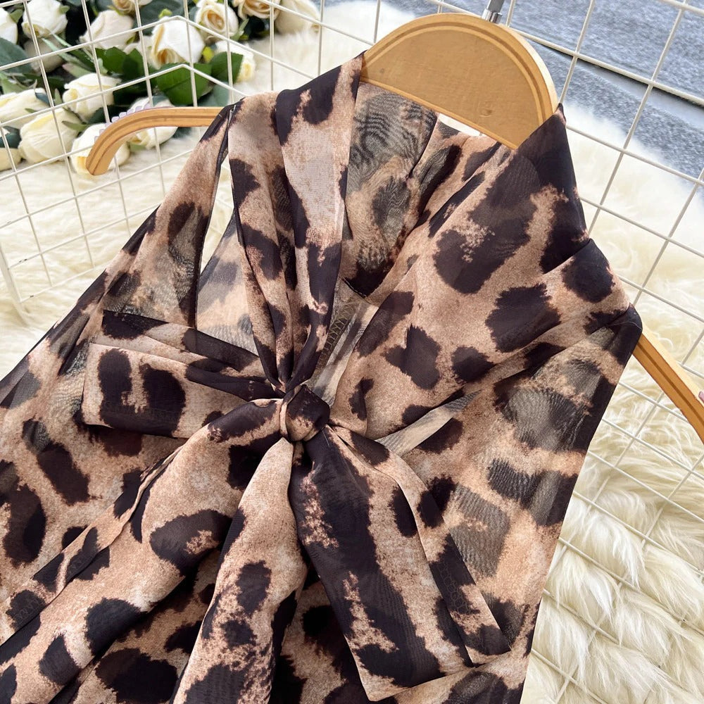 Vintage Leopard Halter Sleeveless Dress – High-Waist A-Line Maxi, Office Slim-Fit Shift