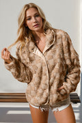 Double Take Checkered Long Sleeve Fuzzy Jacket Cozy & Trendy Outerwear For Women