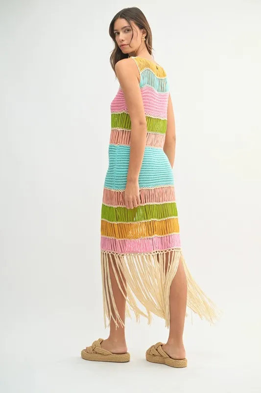 Multi Color Fringed Crochet Knit Dress For Women – Crochet Knit Dress, Fringed Dress, Multi-Color Dress, Bohemian Knit Dress, Festival Dress