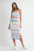 Multi Color Striped Front Cutout Knit Midi Dress For Women – Vibrant Striped Bodycon Dress, Cutout Knit Dress, Stylish Summer Midi Dress, Trendy Statement Dress