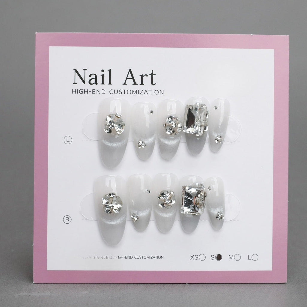 White Rhinestone Coffin Acrylic Cat Eye Nails