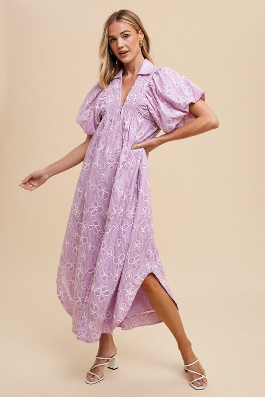 Romantic Floral Detail Puff Sleeve Dress Feminine Elegant Dress for Women Long Dress For Summer