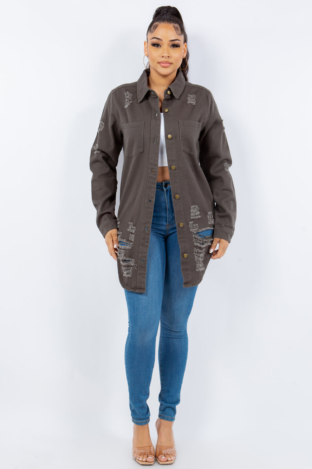 American Bazi Distressed Button Up Long Sleeve Jacket Trendy Buttoned Jacket with Distressed Finish for Women