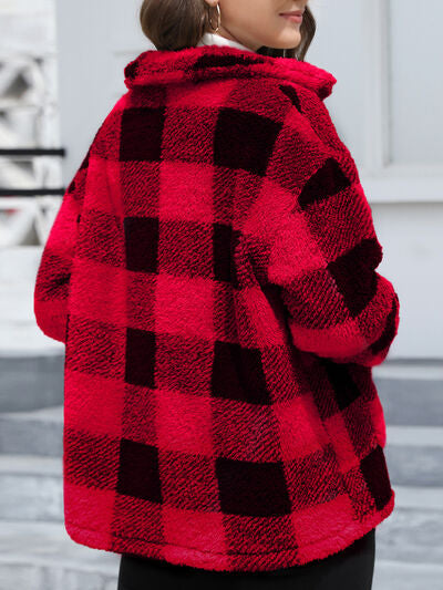 Beautiful Red Women Drop Shoulder Fuzzy Button-Up Jacket Soft And Comfortable Casual Fit Jacket