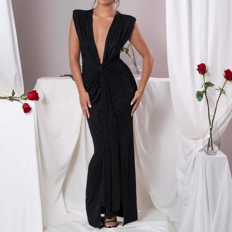 Sexy women's sleeveless super deep V slim waist pleated temperament fishtail jumpsuit