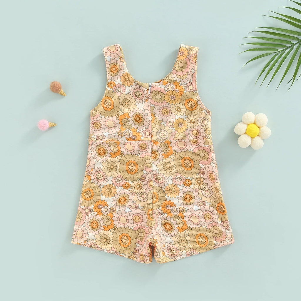 Strap Zipper Rainbow Sunken Stripe Flower Jumpsuit Romper