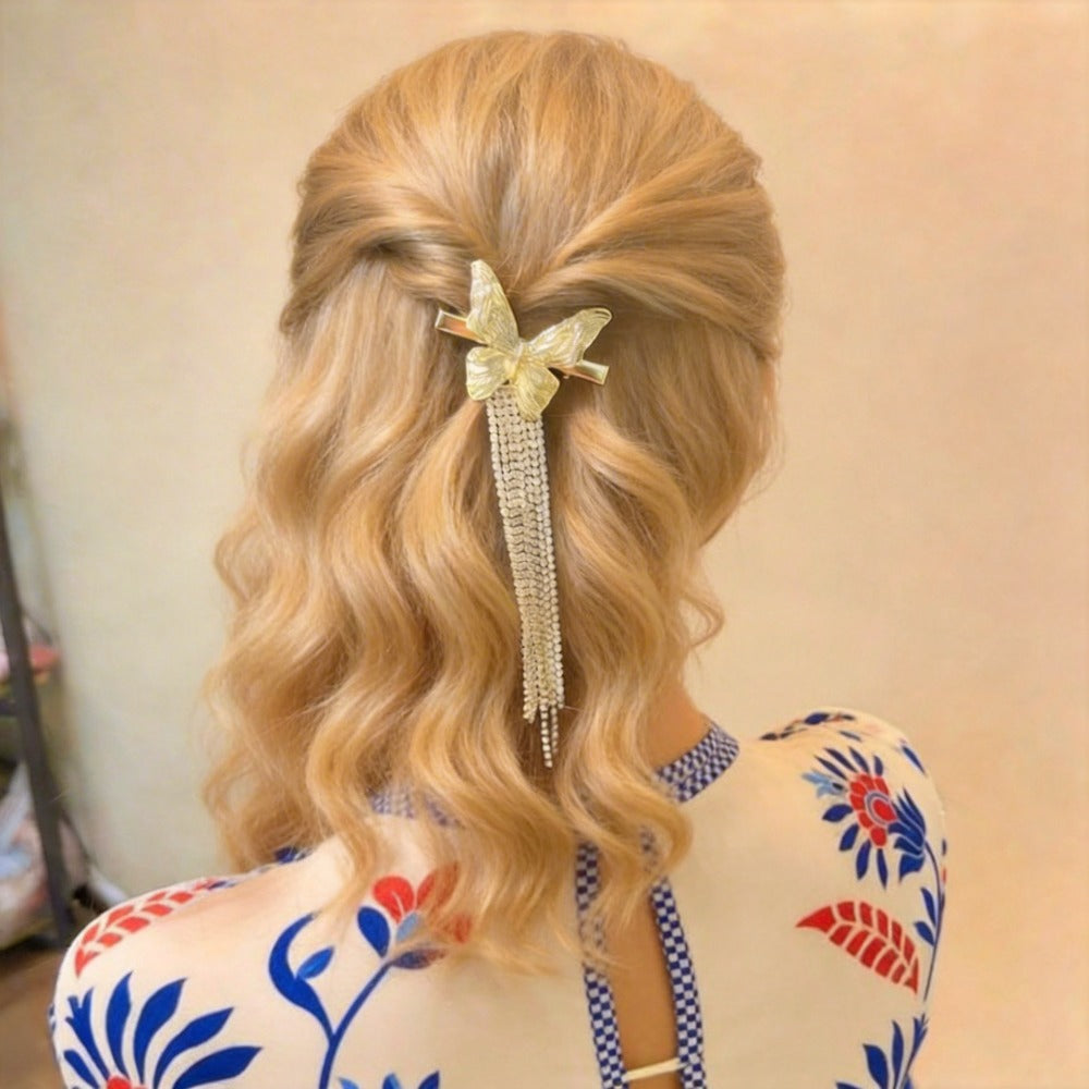 Shiny Rhinestone Butterfly Tassel Hair Claw Luxury Alloy Hair Clip